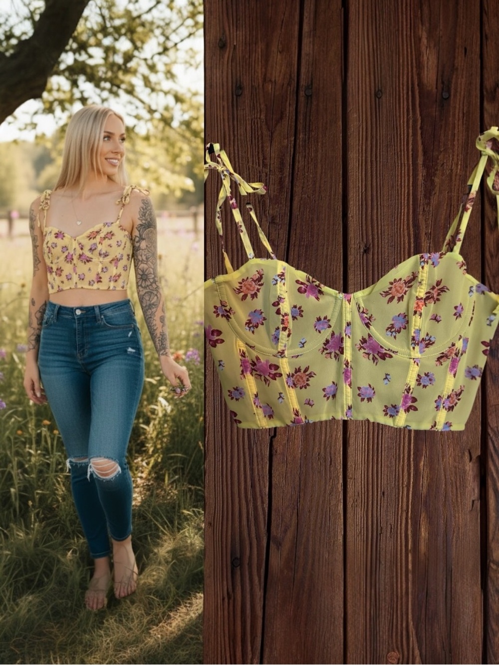 White Fox Boutique Leilani Yellow Dahlia Floral Boho Bustier Crop Top Medium NWT